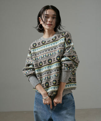 【J'aDoRe限定】【BOWTE】FAIRISLE AND BRID ROCKNROLL JACQUARD KNIT